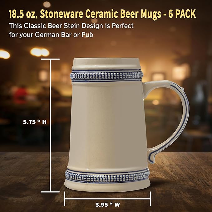DISCOUNT PROMOS Ceramic German Beer Steins 18.5 oz. Set of 6, Bulk Pack - Restaurant Barware, Great for Oktoberfest, Wedding, Party, Birthday, Events - Blue
