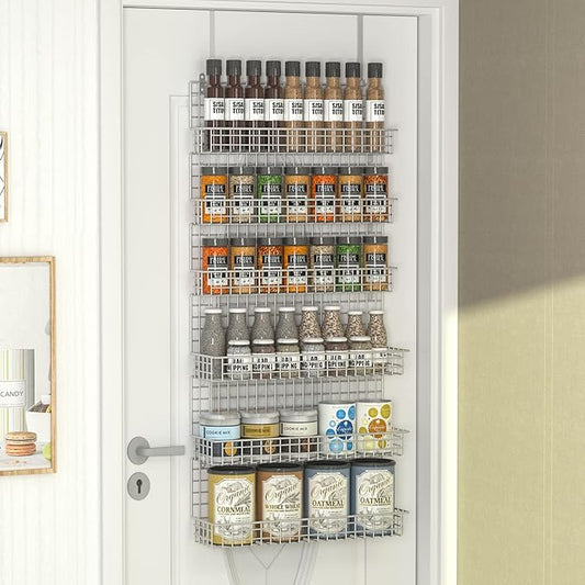 JKsmart Spice Rack Organizer 6-Tier Wall Mounted & Over the Door Spice Racks for Kitchen Pantry Bathroom,Two Size, Large Capacity, Silver