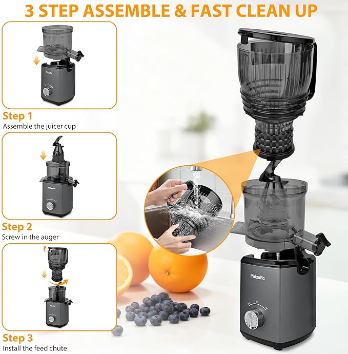 Pukomc Cold Press Juicer, 5.8-inch wide feed chute for whole fruits and vegetables - 1.8L Capacity 300W Cold Press Juicer with slow grinding juicing, includes cleaning brush and juicing cup, grey