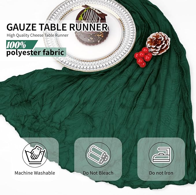 4 Pack Pack Dark Green Cheesecloth Table Runner 10Ft, Christmas Table Runner 21.5 X 120 inch, Semi Sheer Cheese Cloth Fabric Boho Table Runner Bulk for Christmas Decorations,Bridal Shower,Wedding