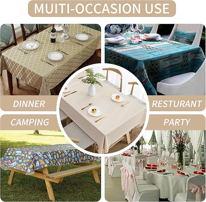 Rectangle Table Cloth,100% Waterproof Tablecloth Oil Proof Spill Proof Vinyl Table Cloth, Wipe Clean Plastic Table Cover for Dining, Camping, Indoor and Outdoor 52" x 70",Beige