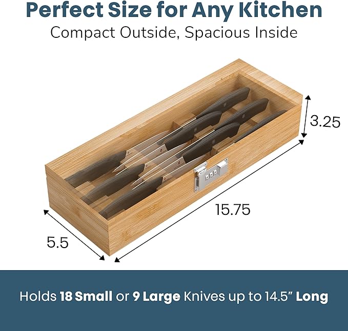 Upgraded Combination Lock Bamboo Locking Kitchen Knife Storage – Secure & Eco-Friendly Wooden Knife Box with Improved Quality, Fits in Drawers & Keeps Knives Safe