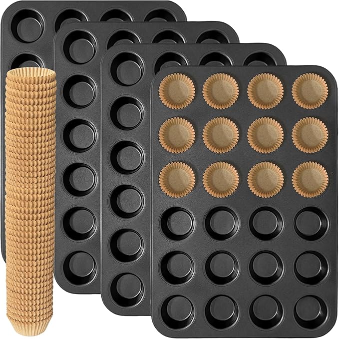 ATZNZIK 4 Pack Mini Muffin Pan with 1000 Mini Cupcake Liners, Cupcake Pans Muffin Tin Nonstick 24 Cup, Carbon Steel Baking Pans Supplies
