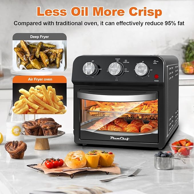 PlumChef 13 Quart 4 Slices Air Fryer Convection Toaster Oven for 3-4 Family, 1500W, Multifunction Oven for Air Fryer, Gril, Defrost, Bake, Time and Temperature Controls (Black)