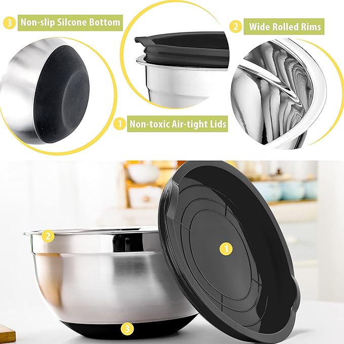 E-far Stainless Steel Mixing Bowls Set of 5, Size 7/3.5/2.5/1.5/1 QT, Metal Nesting Bowls with Black Airtight Lids & Non-Slip Bottoms, Great for Kitchen Cooking, Baking, Serving, Food Prep
