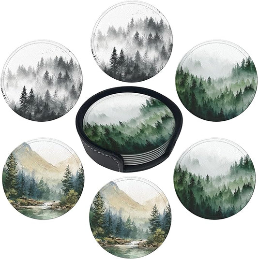 Forest Coasters Leather Round Drink Coasters 6 Pcs Set with Holderor for Cup Drink Coffee Table Bar Home Decor