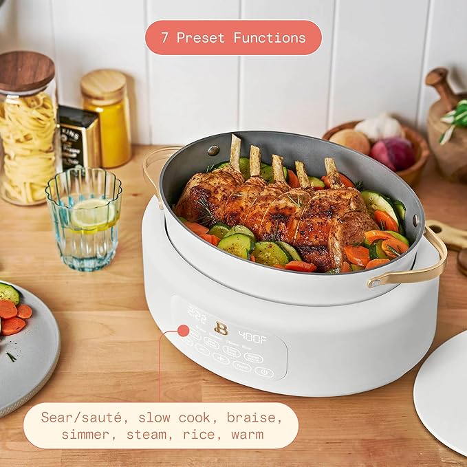 Beautiful 10-in-1, 6-Qt Electric Multi-Cooker | Programmable Touch Display | 7 Presets up to 400 °F | Sear Slow-Cook Steam Rice Warm | Oven-Safe Pot & Lid (White)
