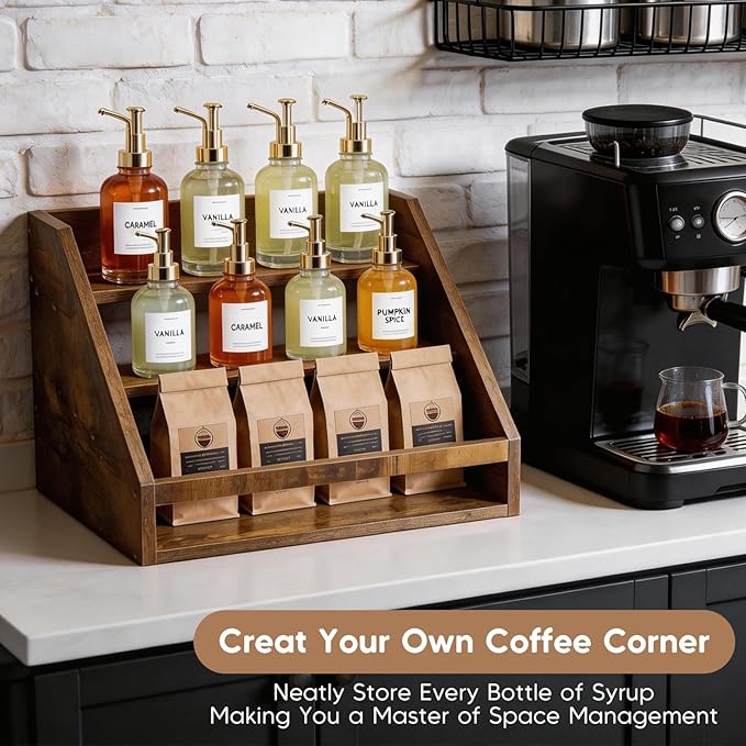 Liquor Bottle Display Shelf, Rustic Wood Coffee Syrup Rack Organizer, 3-Tier Countertop Liquor Wine Rack for Home Bar, Retro Bar Shelf Stand for Whiskey, Spirits