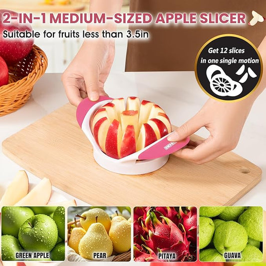 SCHVUBENR 3.5 Inch Apple Slicer with 12 Sharp Blades - Professional Apple Cutter - Stainless Steel Apple Corer - Super Sharp Apple Slicer and Corer - Slice Apple with Ease(Pink)
