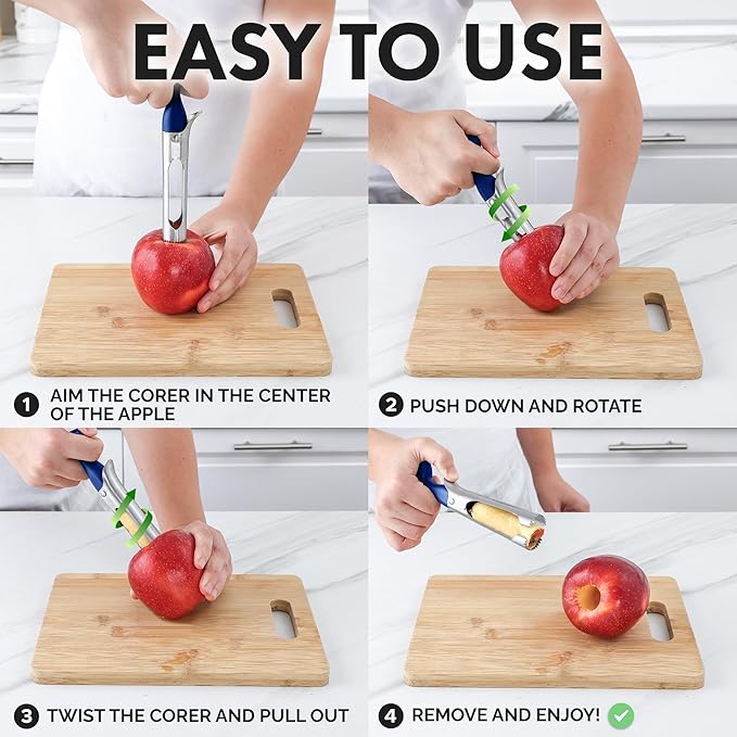 Zulay Kitchen Premium Apple Corer Tool - Ultra Sharp, Stainless Steel, Serrated Blades for Easy Coring - Easy to Use & Clean, Durable Apple Corer Remover for Baking Apples & More - Dark Blue