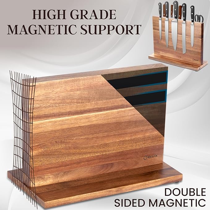 Magnetic Knife Block Double Sided, Magnetic Knife Holder for Kitchen Counter, Acacia Wood Knife Block Without Knives with Anti-Skid Base