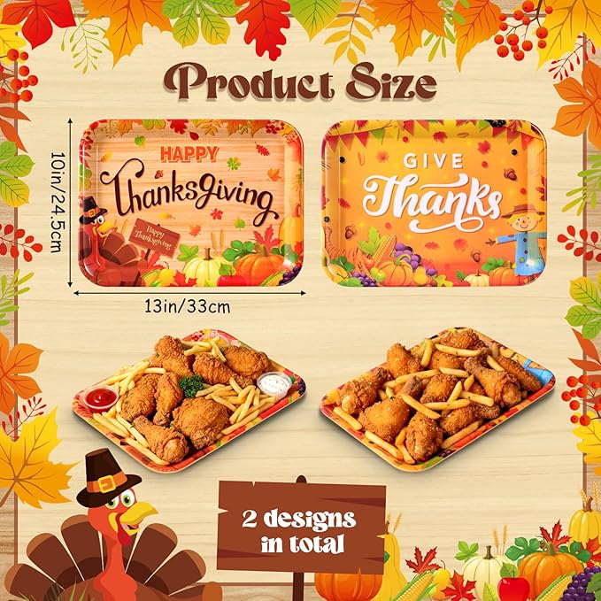 Vesici 4 Pack Thanksgiving Melamine Serving Trays, 13 x 10 Inch Rectangular Autumn Platters with Turkey & Harvest Designs, Durable Serving Plates for Holiday Buffet, Friendsgiving, Snacks & Appetizers