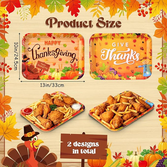 Vesici 4 Pack Thanksgiving Melamine Serving Trays, 13 x 10 Inch Rectangular Autumn Platters with Turkey & Harvest Designs, Durable Serving Plates for Holiday Buffet, Friendsgiving, Snacks & Appetizers
