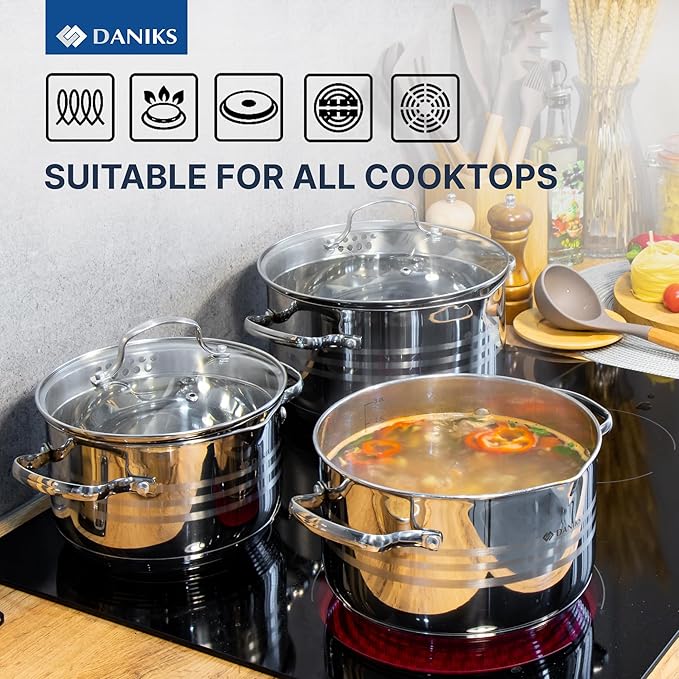 Daniks Tokio Stainless Steel Cookware Set, 6-Piece – 2 qt, 3 qt, 4.5 qt Pots with Glass Strainer Lids, Induction Ready, Dishwasher Safe, Measuring Scale, Silver