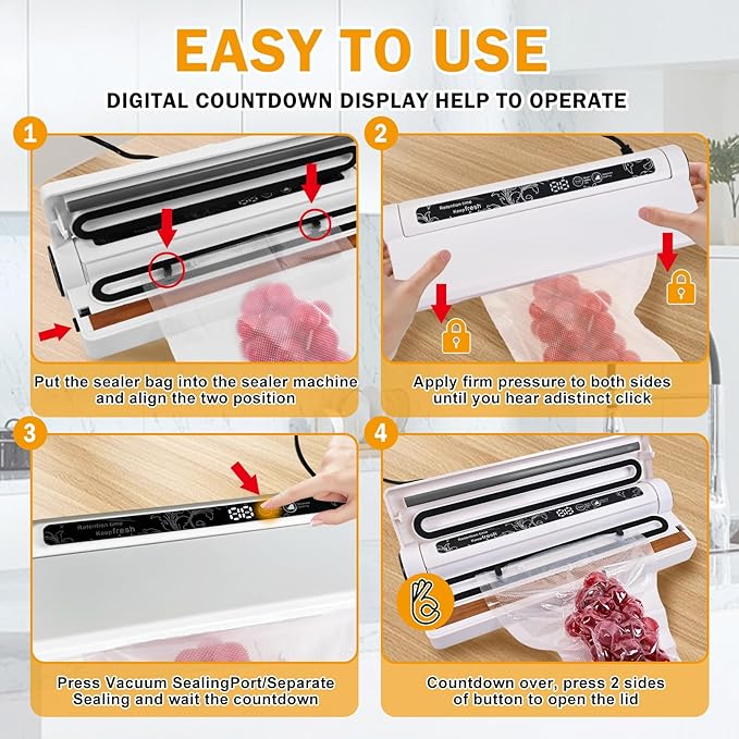 Vacuum Sealer Machine for Food, 75KPA Strong Suction, Moist/Dry Modes, 20 Vacuum Seal Bags for Food, Digital Countdown Timer, Compact Lightweight,with Starter Kits(White)