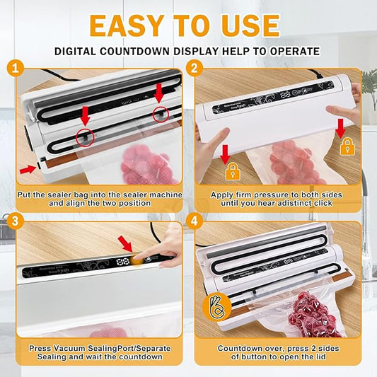 Vacuum Sealer Machine for Food, 75KPA Strong Suction, Moist/Dry Modes, 20 Vacuum Seal Bags for Food, Digital Countdown Timer, Compact Lightweight,with Starter Kits(White)