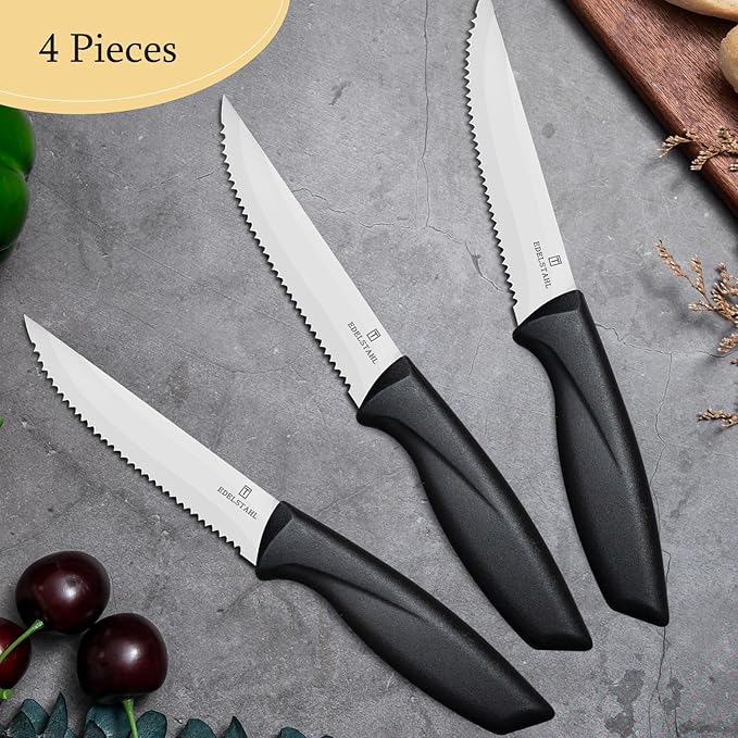Steak Knives,Steak Knives Set of 4,Stainless Steel Steak Knife Sets,Sharp Serrated Steak Knife,Durable Kitchen Steak Knifes,Ergonomic Silver Handle Steak Knifes,Dishwasher Safe