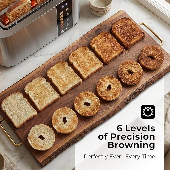 Balter Toaster 4 Slice Wide Slot, Bagel Function, Long Slot, Stainless Steel, Touch Screen, Built-in Rack, Extra-Wide 1.5" Slots for Thick Breads & Bagel, Timer, BPA-Free, 6 Levels, Removable Tray