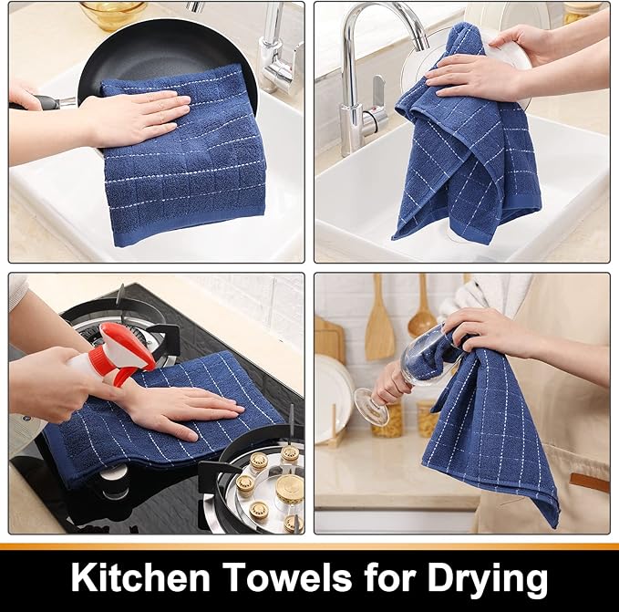 Mordimy 100% Cotton Terrycloth Kitchen Towels and Dishcloths Sets, Soft and Absorbent Checkered Dish Towels, Quick Drying Dish Rags for Washing Dishes, 4 Pack 16" x 26" & 4 Pack 12" x 12", Navy Blue