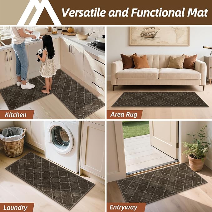 COSY HOMEER Kitchen Rugs and Mats Sets 2PCS Non-Slip Soft Kitchen Mats for Floor Absorbent and Stain Resistant Kitchen Floor Mat Washable Plaid Rugs for Kitchen,20"x32"+20"x48",Brown