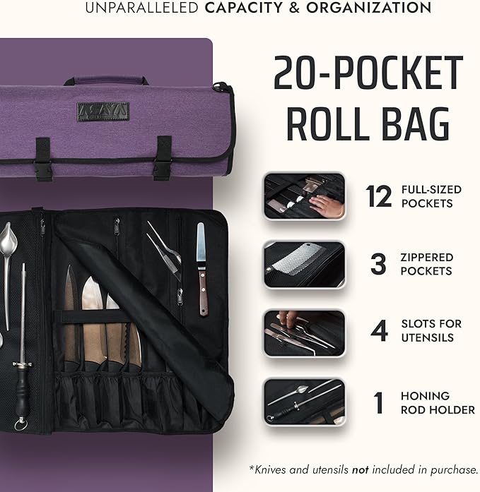 Asaya Chef Knife Roll Bag - 20 Total Pockets for Knives and Kitchen Utensils - Made with Stain Resistant Waxed Nylon - For Chefs and Culinary Students - Knives Not Included (Purple)