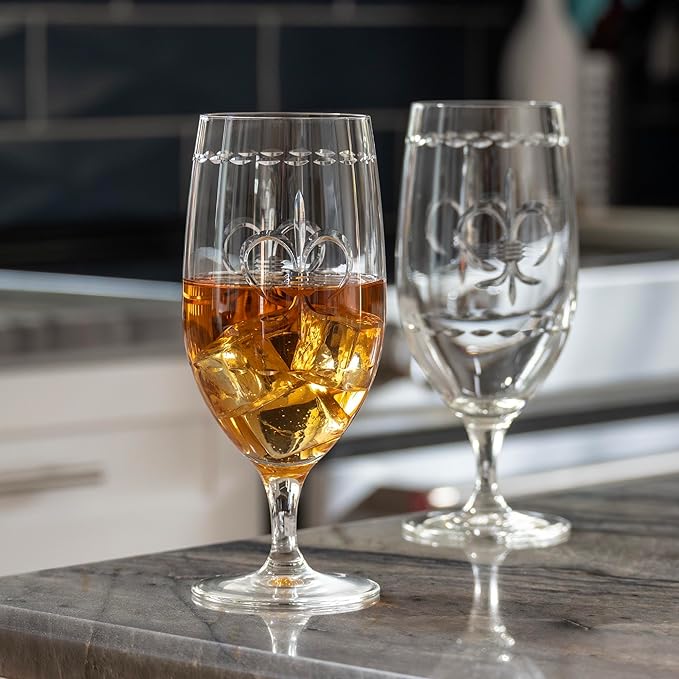 Rolf Glass Fleur De Lis Iced Tea Glass | 16oz Set of 4 Glasses | Lead-Free Diamond-Wheel Engraved Glass | Made in the USA
