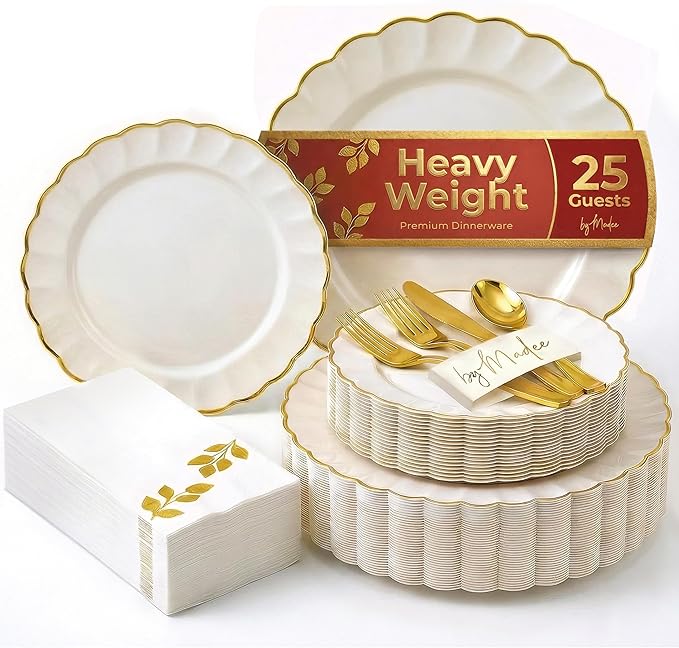 By Madee HIGH END 175 Pc Ivory Scalloped Plastic Plates with Gold Trim | Fancy Disposable Dinnerware Set | Nice Disposable Plates and Cutlery Set w/Cloth Like Napkins for Weddings & Party (25 Guests)