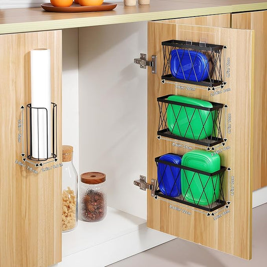YIGII 3 Pack Adhesive Cabinet Door Organizer, Black Cabinet Door Storage with Plastic Wrap Organizer, Slim Kitchen Basket Wall Mounted for Pantry, Under Sink