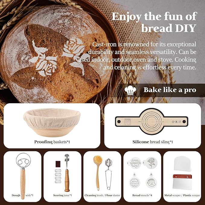 Slow Slog Cast Iron Dutch Oven for Bread Baking, 5QT Cast Iron Bread Pan with Lid, Sourdough Baking Supplies Tools like Banneton Proofing Basket, Bread Dutch Oven