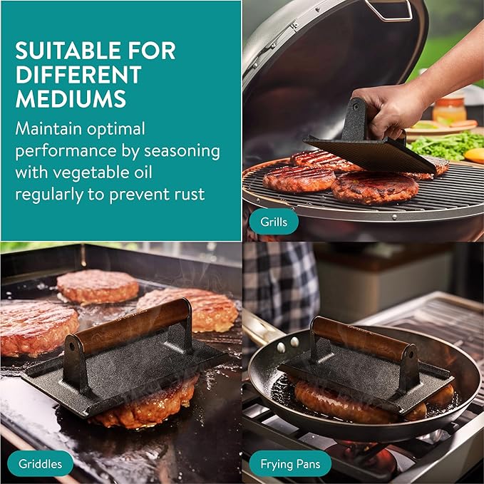 Navaris Smash Burger Press - Rectangular Cast Iron Hamburger Press - Burgers Presser for Even Grilling and Sear Marks - 21 x 11 x 6.5 cm (8.3 x 4.3 x 2.6 in)