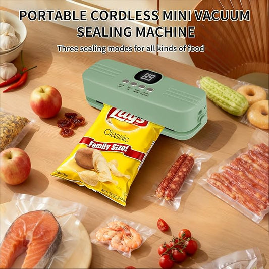 Vacuum Sealer Machine For Food, Mini Cordless Vacuum Sealer, 3-in-1 Portable Vacuum Sealer with 4 Snack Bags, 1 Storage Bag, 1 Inflation Pump, 1 Needle & 1 Nozzle (Green)