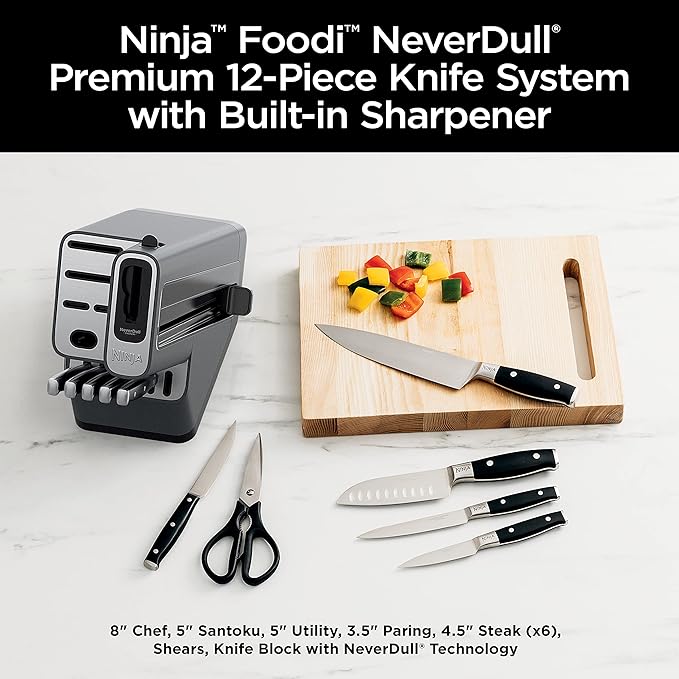 Ninja K32012 Foodi NeverDull Premium Knife System, 12 Piece Knife Block Set with Built-in Sharpener, German Stainless Steel Knives, Black
