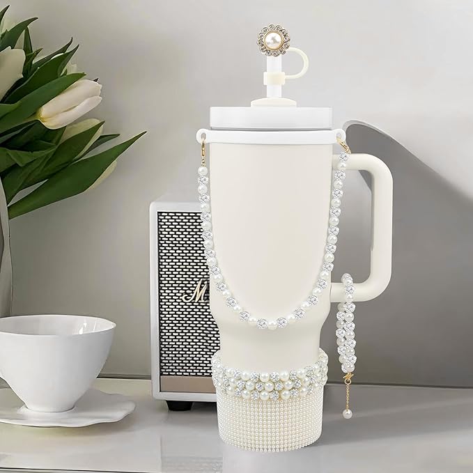 Cup Accessories for Stanley 30/40oz Tumbler containing Pearl Straw Cover Topper, Silicone Cup Boot, Water Bottle Handle Strap& Pearl Bracelets Charms(Pearls with Silver Beads)
