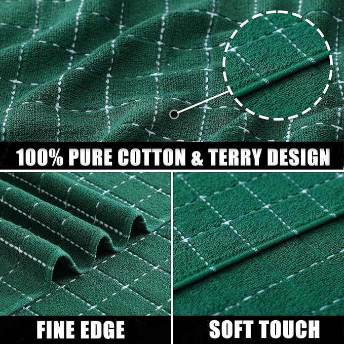 Mordimy 100% Cotton Terrycloth Kitchen Towels and Dishcloths Sets, Soft and Absorbent Checkered Dish Towels, Quick Drying Dish Rags for Washing Dishes, 4 Pack 16" x 26" & 4 Pack 12" x 12", Dark Green