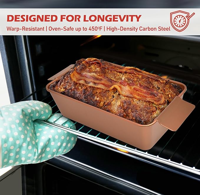PERLLI Meat Loaf Pan with Drip Tray – 2 Pc. 9.8 x 5.7 In. Copper Nonstick Meatloaf Pan with Drain Tray – Large BPA-Free Oven Loaf Pan for Baking, Bread, Cakes, Roasting Meat, & More