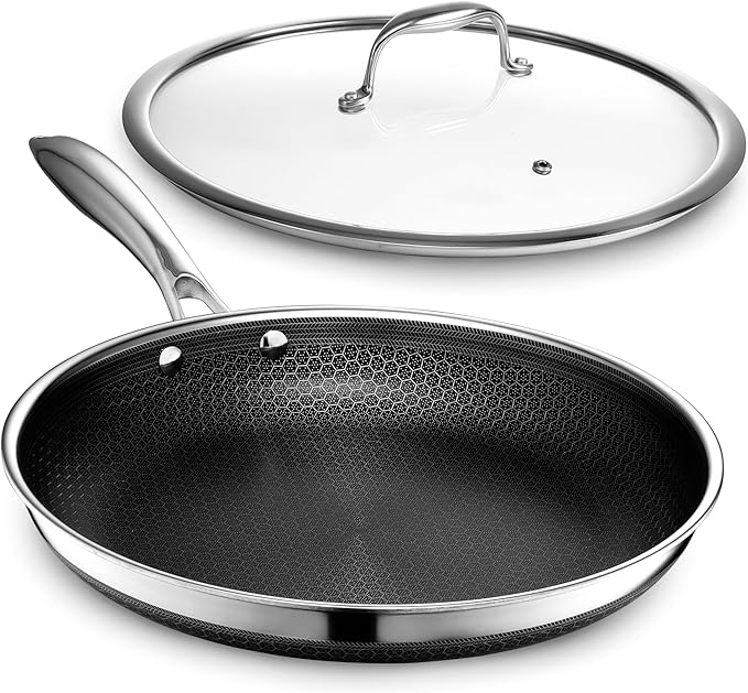 HexClad Hybrid Nonstick 12-Inch Frying Pan with Tempered Glass Lid, Stay-Cool Handle, Dishwasher-Friendly, Oven-Safe Up to 900°F, Induction Ready, Compatible with All Cooktops