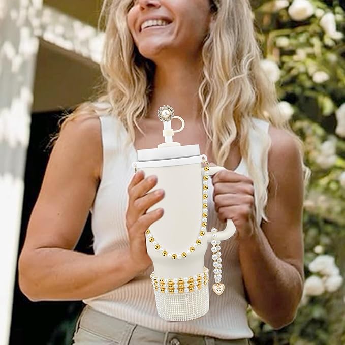 Cup Accessories for Stanley 30/40oz Tumbler containing Pearl Straw Cover Topper, Silicone Cup Boot, Water Bottle Handle Strap& Pearl Bracelets Charms(Pearls with Gold Beads)