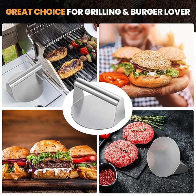 Burger Press, 5.5” Stainless Steel Round Hamburger Press, Hamburger Smasher with Smooth Edges, Non-Stick Grill Press for Smashburger, Meat, Ground Beef, Sausage, Bacon