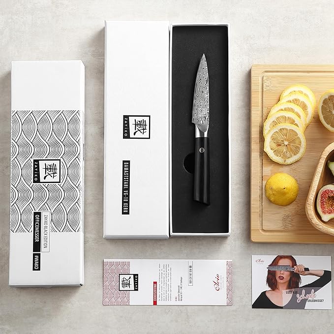 zayiko Black Edition Damascus Paring Knife | Sharp 3.5 inch blade made of 67 layers of Damascus steel | Ergonomic pakkawood Handle | Premium & professional Chef's Knifes for Kitchen Work