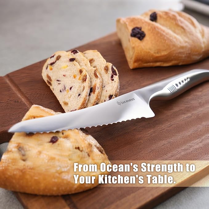 8" Bread Knife, Multifunction Serrated Bread Knife Ultra Sharp Offset, Steel Handle Shark-Inspired Ergonomic Stainless for Homemade Bread, Bagels, Sourdough, Baking & Wedding Gifts