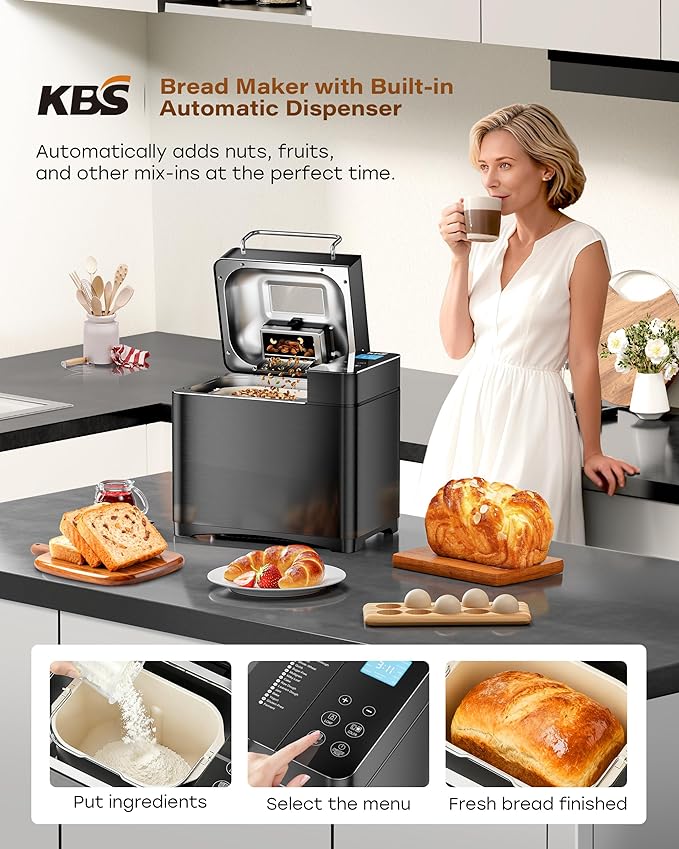 KBS 710W 2LB Bread Maker Dual Heaters, 17-in-1 Stainless Steel Bread Machine with Healthy Ceramic Pan, Automatic Nut Dispenser, Tempered Glass Touch Panel, 3 Crust Colors, 15H Timer& Keep-Warm,Recipes