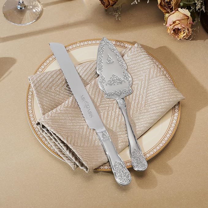 AW Bridal Silver Cake Cutting Set for Wedding, Stainless Steel Engraved Wedding Cake Knife Pie Server Gifts for Bridal Shower Engagement, Silver