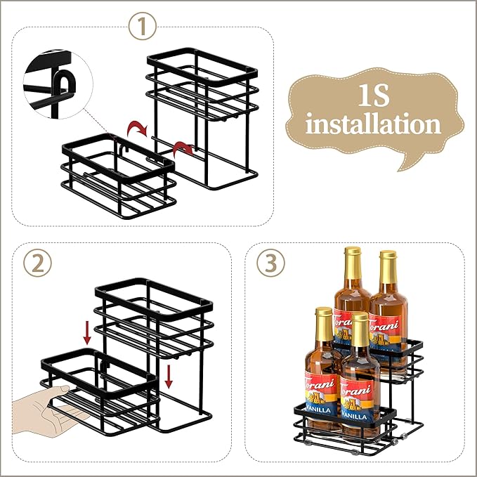 Coffee Syrup Rack Organizer, Syrup Bottle Holder Stand for Coffee Bar, 2-Tier 4 Bottles Storage Shelves for Syrup, Wine, Dressing for Kitchen Countertop (4 Bottles Black)
