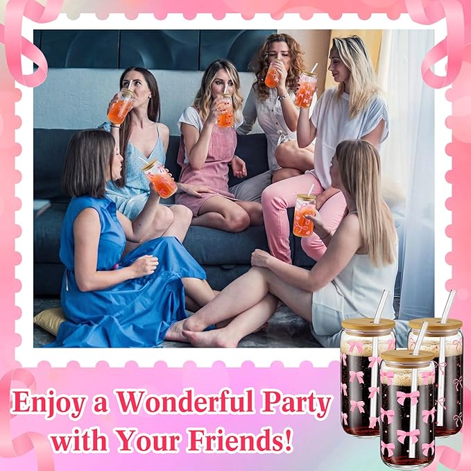 6 Pcs Pink Coquette Bow Glass Cups with Lids and Straws 16oz Cute Cherry Tumbler Bulk Reusable Can Shaped Drinking Glasses for Valentines Day Gifts Party Supplies