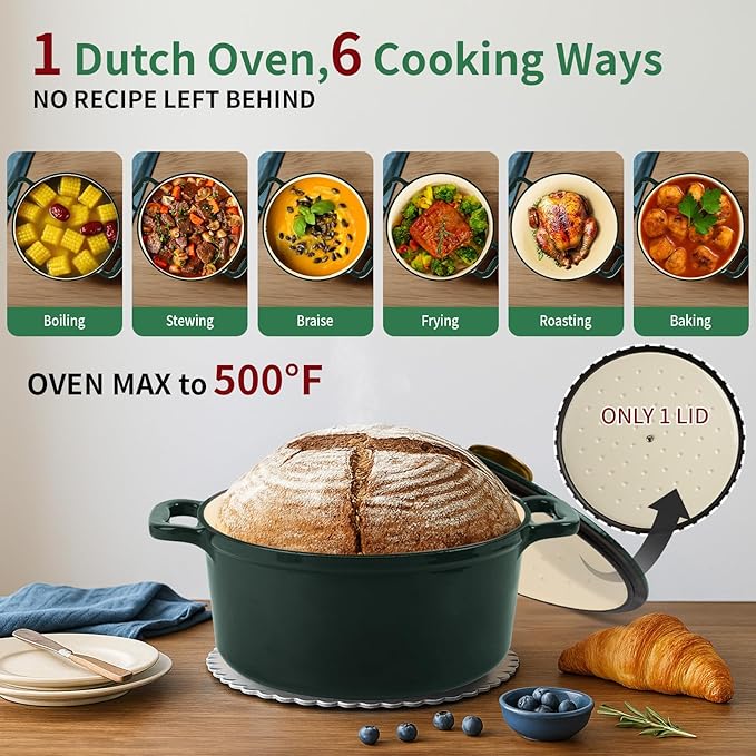 Tastedeli Enamel Cast Iron Dutch Oven with Lid, Round Casserole Pot for Bread Baking, Braising, Roasting, and Stews, Heavy-Duty, Oven Safe, Induction Compatible (4.7QT,Green)