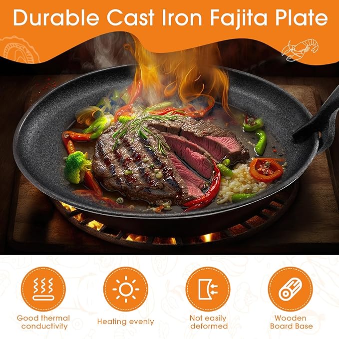 FoldTier 6 Sets Cast Iron Skillet Set 10.63'' x 6.89'' Fajita Plate Sizzling Pan with Wooden Base Anti Scald Protection Removable Handle for Restaurant Kitchen Cooking Accessory BBQ Party