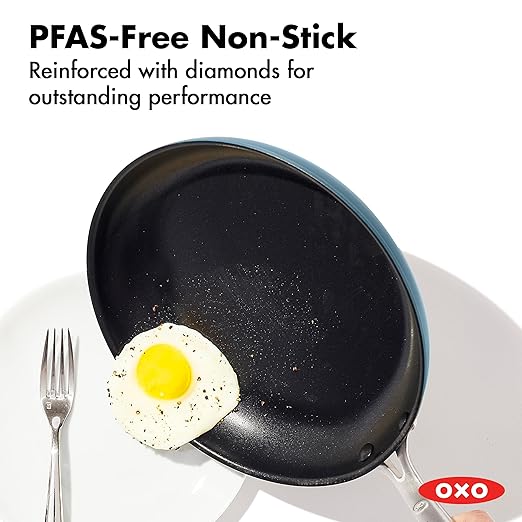 OXO Enhanced 12” Nonstick Frying Pan Skillet with Lid, Ceramic PFAS-Free Cookware, Durable Hard Anodized, Scratch Resistant, Stainless Steel Handle, Eggs & Omelets, Dishwasher & Oven Safe, Storm Blue