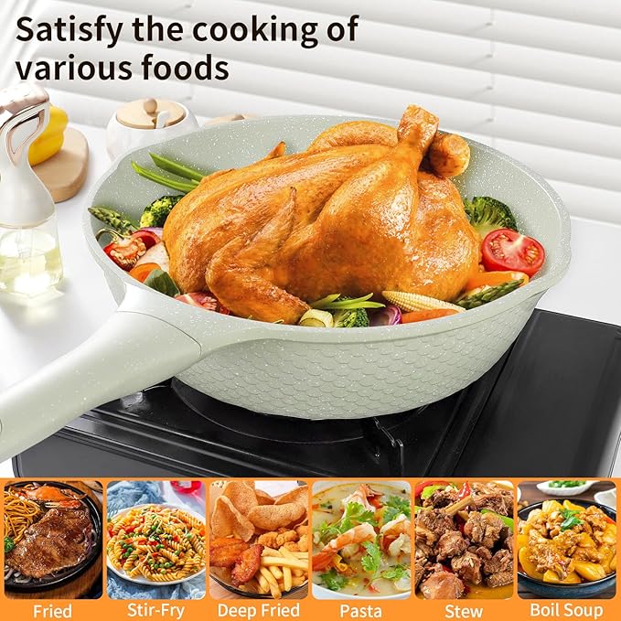 Xuanying 12 Inch Nonstick Saute Pan with Lid - 5.5Qt Large Deep Frying Skillet, PFOA/PFAS Free & Dishwasher Safe, All Stovetop Compatible Including Induction