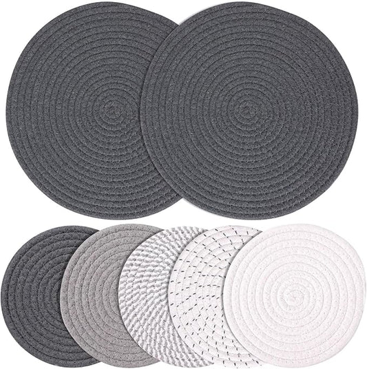 Billbotk 11.8" and 7" Hot Mats for Pots and Pans, 7 Woven Trivets for Hot Dishes, Pot Holders for Kitchen, Tabletop Accessories for Counter Heat Resistant