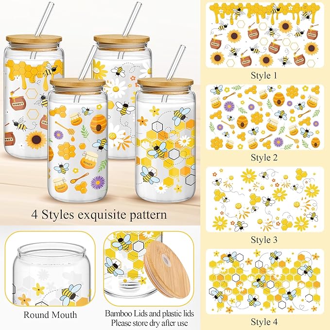 Mumufy 4 Pcs Glass Cup with Bamboo Lid & Straw, 16 oz Iced Coffee Tumbler Set of 4, Honey Bee Floral Glass Cups, Reusable Clear Drinking Glasses for Iced Coffee, Tea, Smoothies, Gift for Women
